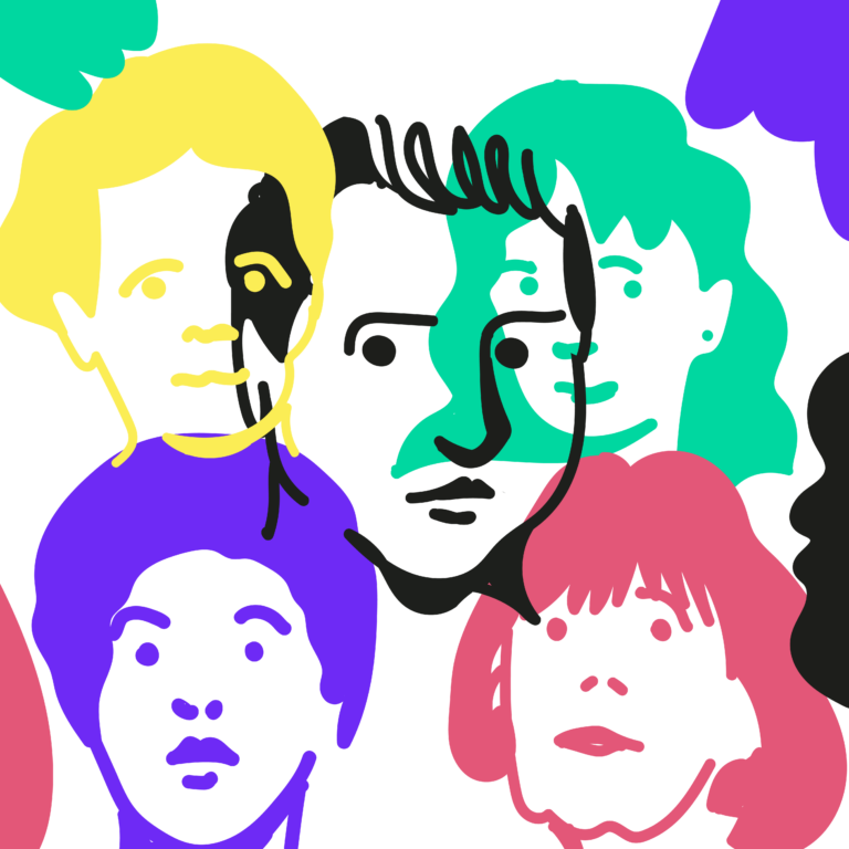 Illustration mit Portraits von Gisela Notz, Marie Curie, Gertrude Stein, Gisèle Pelicot und Audre Lorde