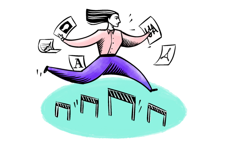 Illustration einer Person, die über Schranken springt. Um sie herum fliegen Blätter mit verschiedenen Inhalten.