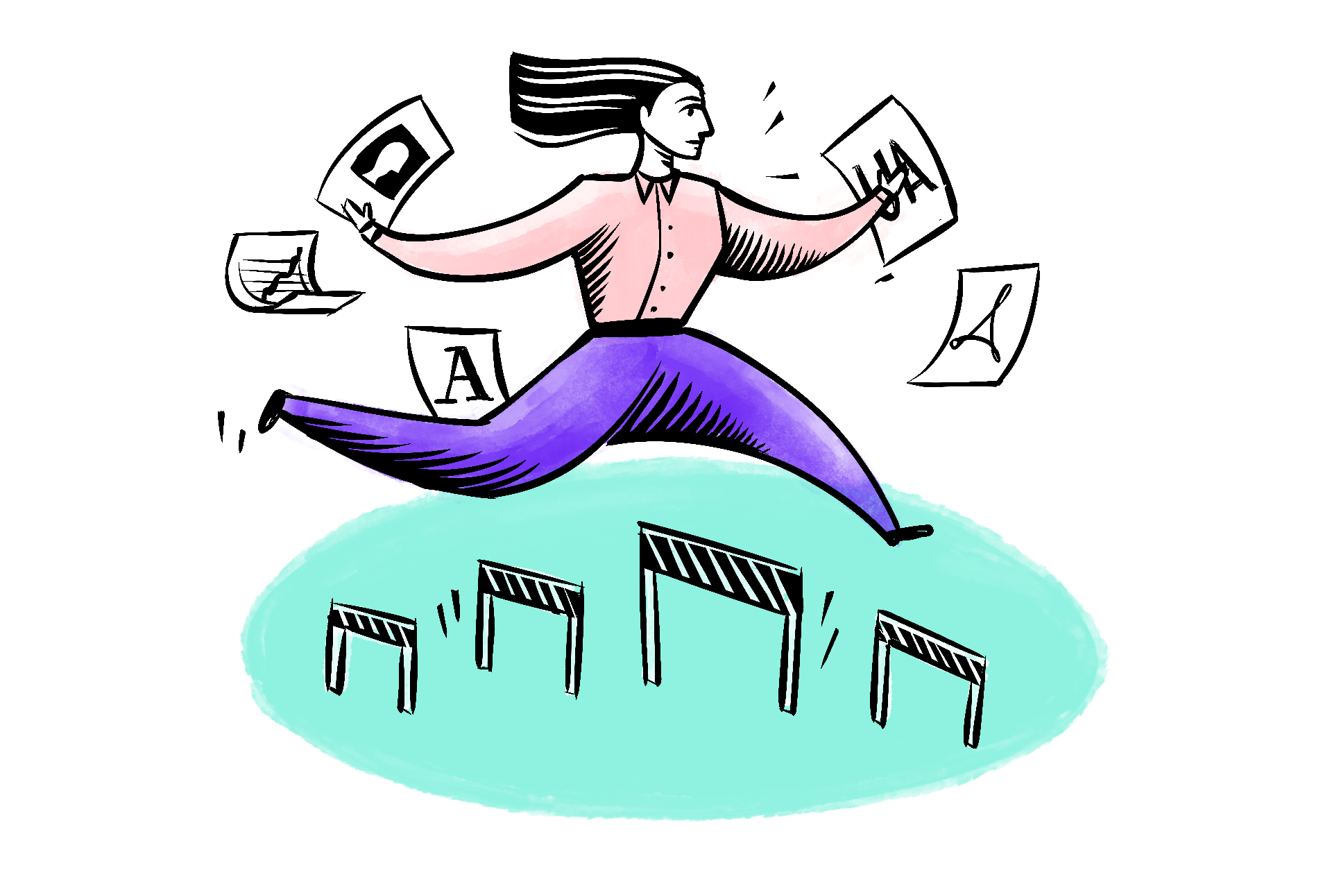 Illustration einer Person, die über Schranken springt. Um sie herum fliegen Blätter mit verschiedenen Inhalten.