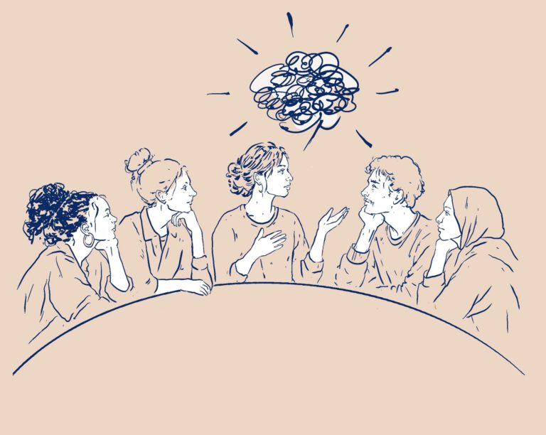 Illustration zur Woche der Seelischen Gesundheit: Menschen sitzen an einem runden Tisch und reden miteinander